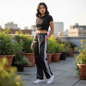 Black Faux Leather Track Pants, Faux Leather, Approx Medium See Measurements